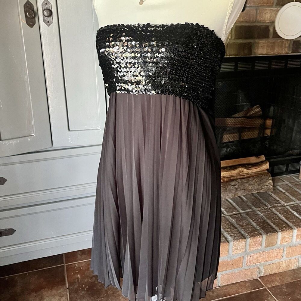 Y2K Ruby Rox Black Sequin Babydoll Party Dress Pleated Chiffon Size L